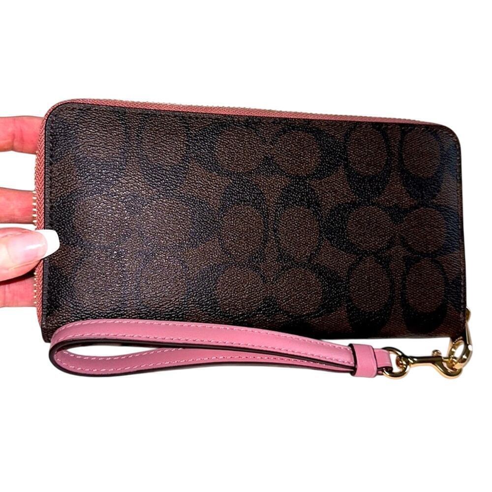 NEW Coach Long Zip Around Wallet In Signature Canvas Gold Pink Lemonade Brown - Picture 3 of 11